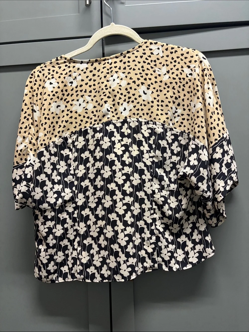CAbi Mixed-Print Tie-Front Blouse in Brown, Black, White and Lime